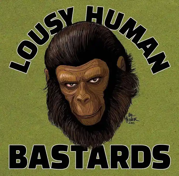 A stylized illustration of a chimpanzee's face with a stern, smug expression, set against a solid olive green background…