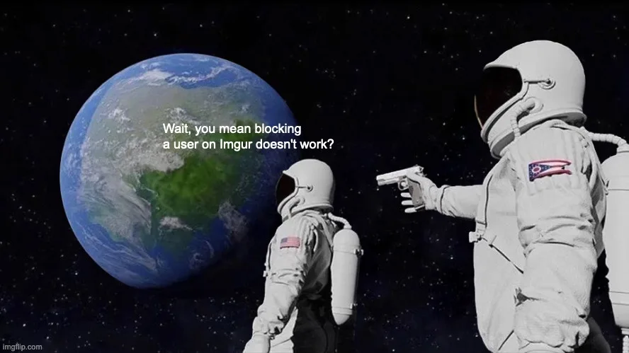 Two astronauts in space, one pointing a handgun at the other, with Earth visible in the background. White text overlaid on…