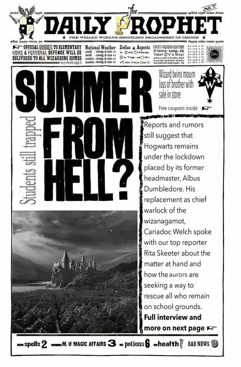 A black-and-white newspaper front page from 'The Daily Prophet' with a large headline 'SUMMER FROM HELL?' and a photo of…