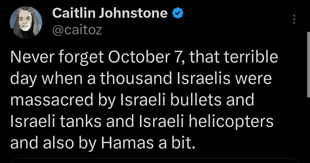 A screenshot of a tweet by verified user Caitlin Johnstone (@caitoz) with a black background and white text. The tweet…