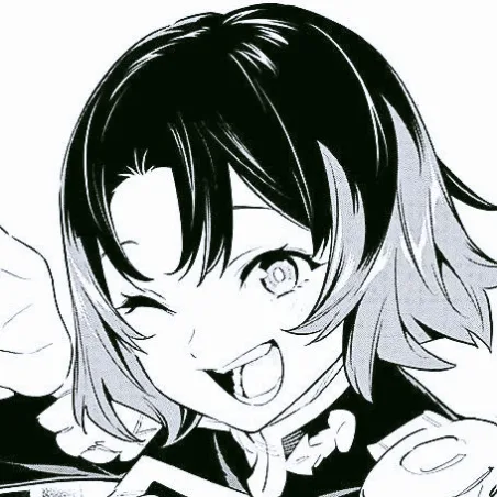 A black-and-white anime-style illustration of a young woman with short dark hair, one eye wide open and the other winking…