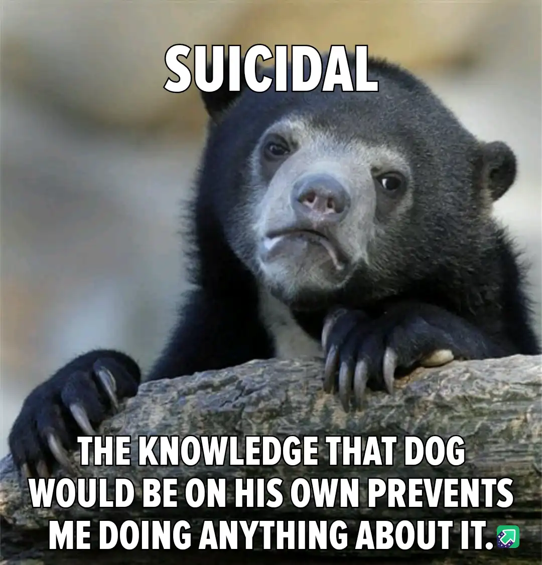 A close-up photo of a sad-looking spectacled bear resting its paws on a log, with white bold text overlaid at the top…