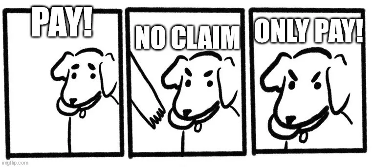 A three-panel comic strip featuring a simple line drawing of a dog's face. In the first panel, the dog looks neutral with…