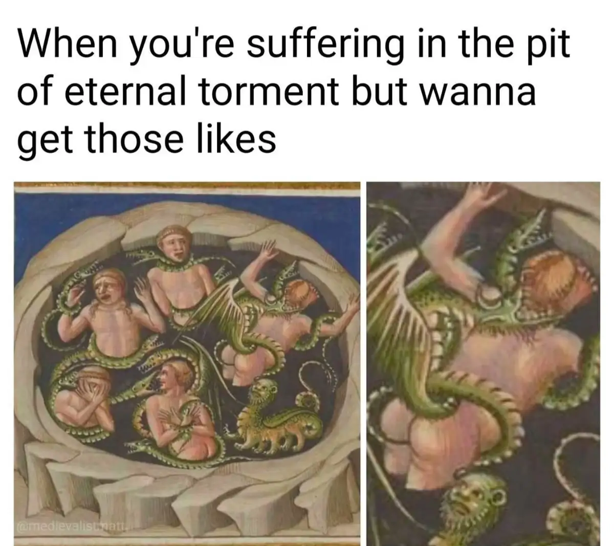 The image shows a medieval-style illustration of several nude human figures being tormented by green serpentine creatures in…