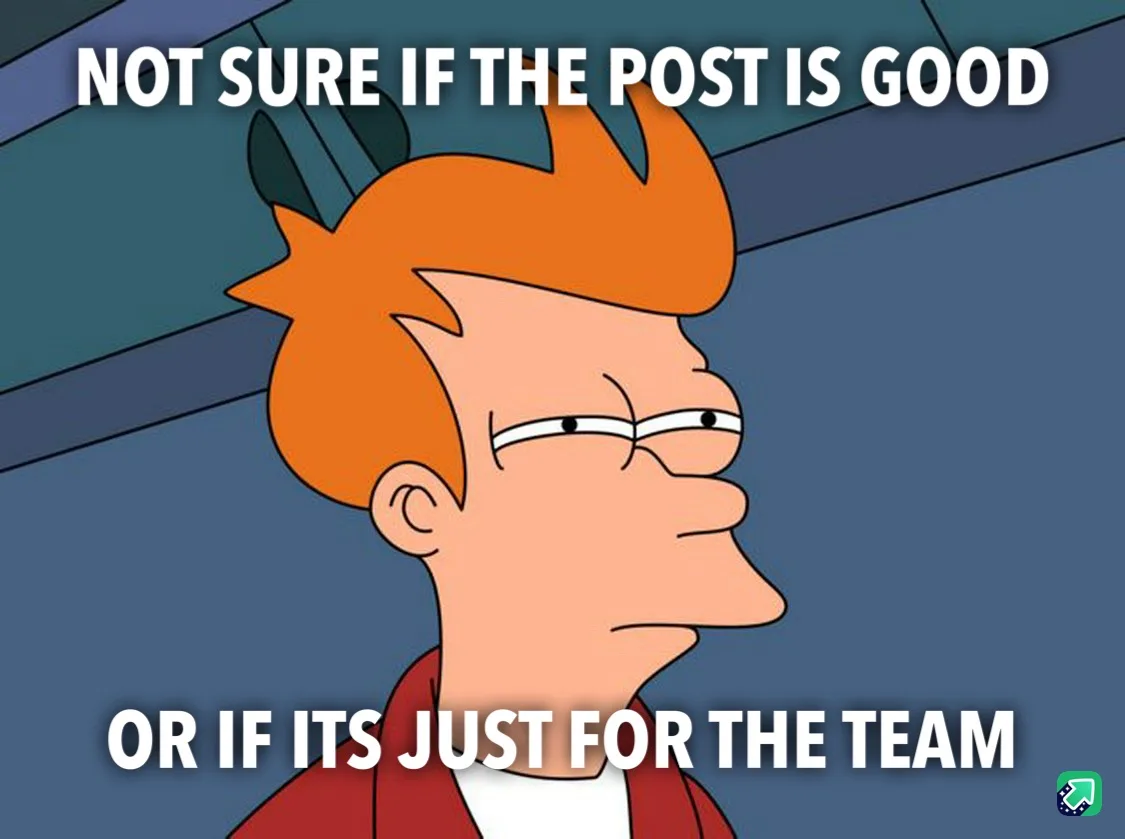 The image shows a cartoon character, Fry from Futurama, looking sideways with a skeptical and uncertain expression. He has…