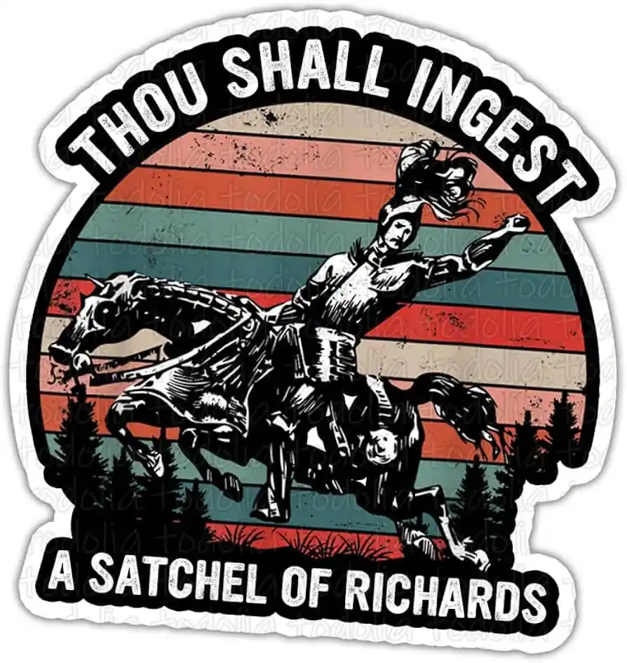 A sticker-style image features a black-and-white illustration of a knight in armor riding a rearing horse against a colorful…