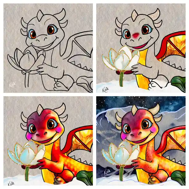 A four-panel artwork shows a cute cartoon dragon being progressively colored in, starting as a black-and-white line drawing…