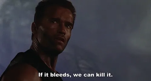 Six panels show Arnold Schwarzenegger from the movie 'The Terminator' repeating the phrase 'If it bleeds, we can kill it.'…