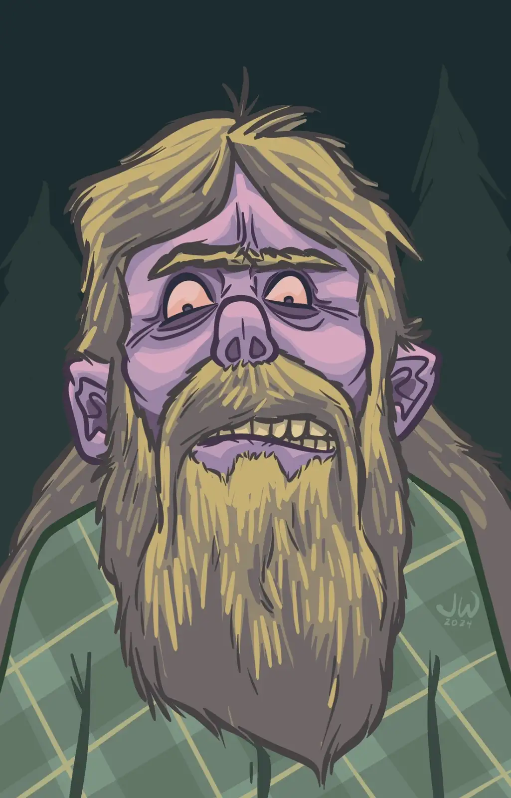 A cartoon illustration of a purple-skinned, hairy humanoid with a long beard and a plaid shirt, looking angry and confused…
