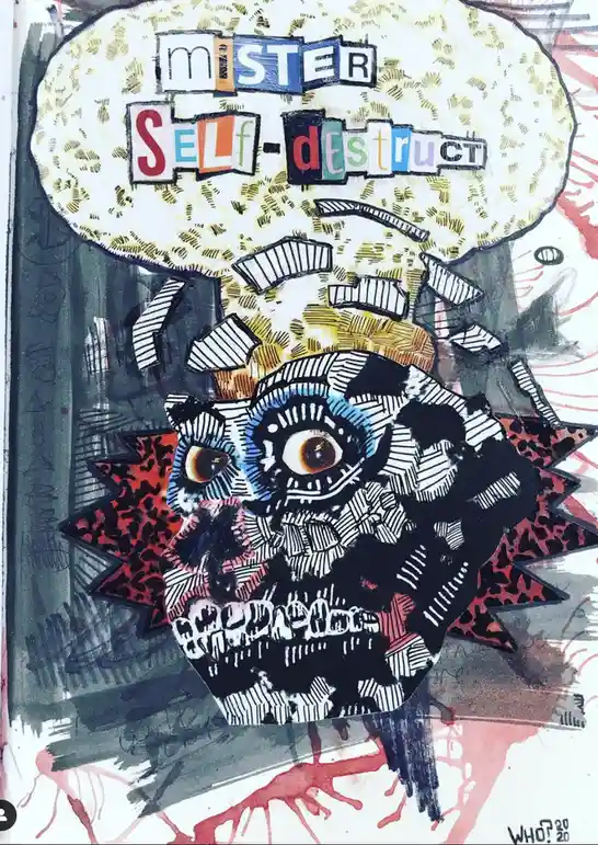 A stylized, chaotic drawing of a skull with one eye and jagged teeth, surrounded by red leopard-print starbursts and…