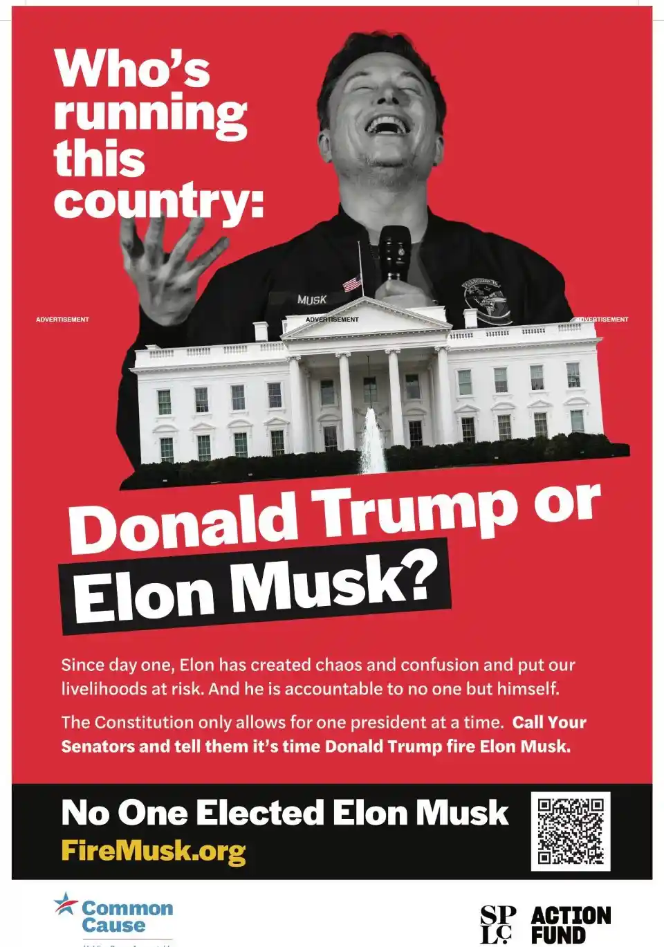 A red political advertisement features a black-and-white photo of Elon Musk laughing while holding a microphone, with the…