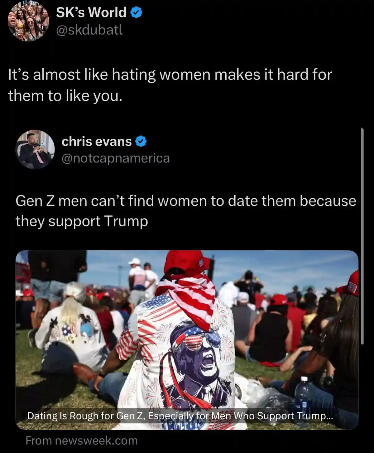 A screenshot of a Twitter thread shows a user named 'SK's World' posting a tweet that reads 'It's almost like hating women…