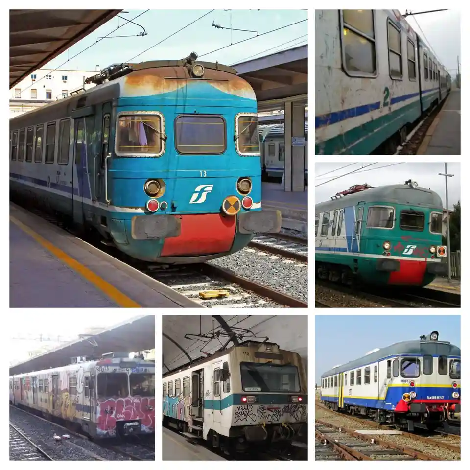A collage of six photos showing various old, rusty, and graffiti-covered trains at stations or on tracks, with visible wear…
