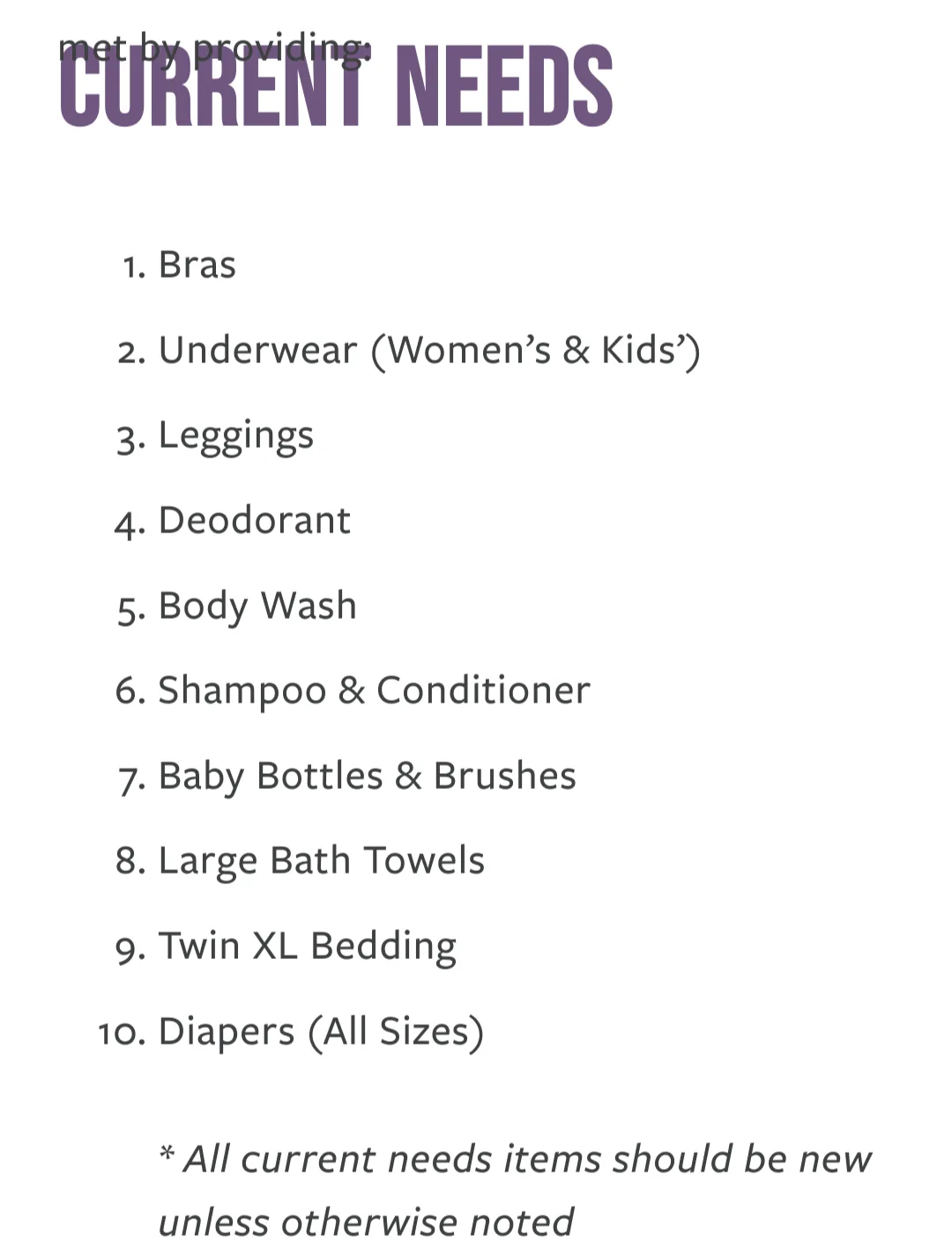 A white-background image displays a numbered list titled 'CURRENT NEEDS' in large purple text, listing items like bras…