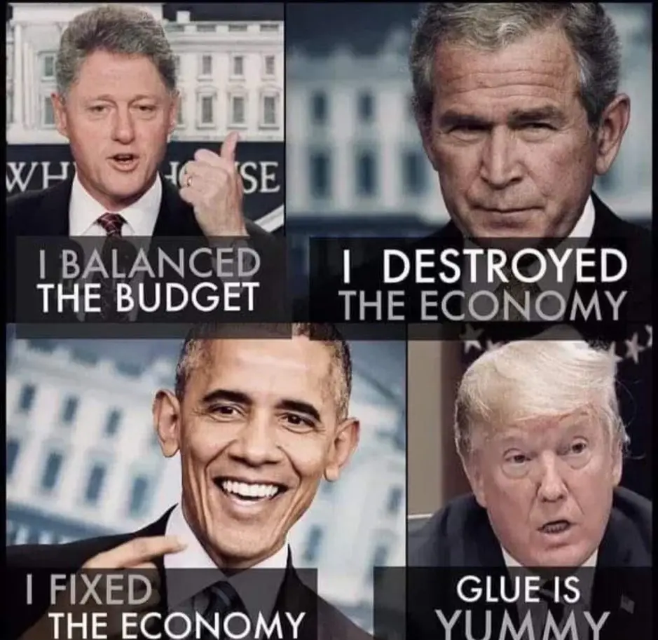 A four-panel meme featuring former U.S. presidents Bill Clinton, George W. Bush, Barack Obama, and Donald Trump. Each has a…
