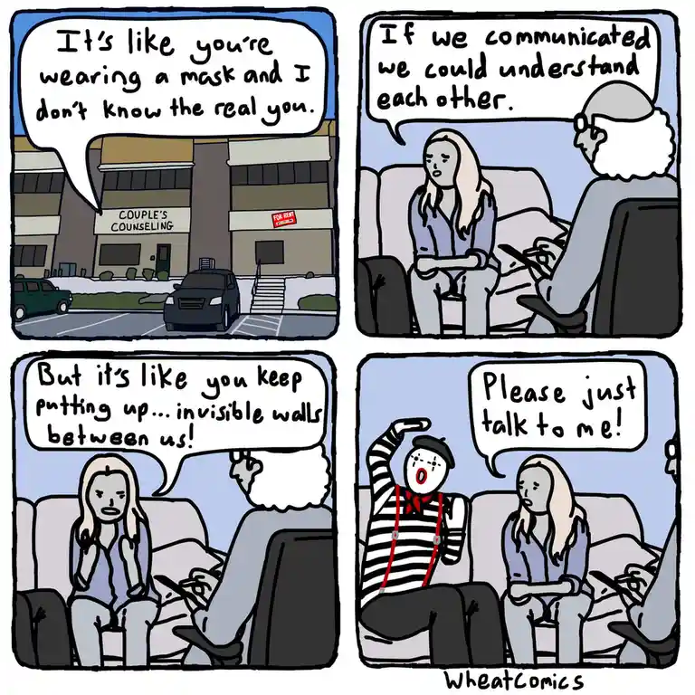 A four-panel comic depicts a couple in therapy. The first panel shows a car parked outside a 'COUPLE'S COUNSELING' office…