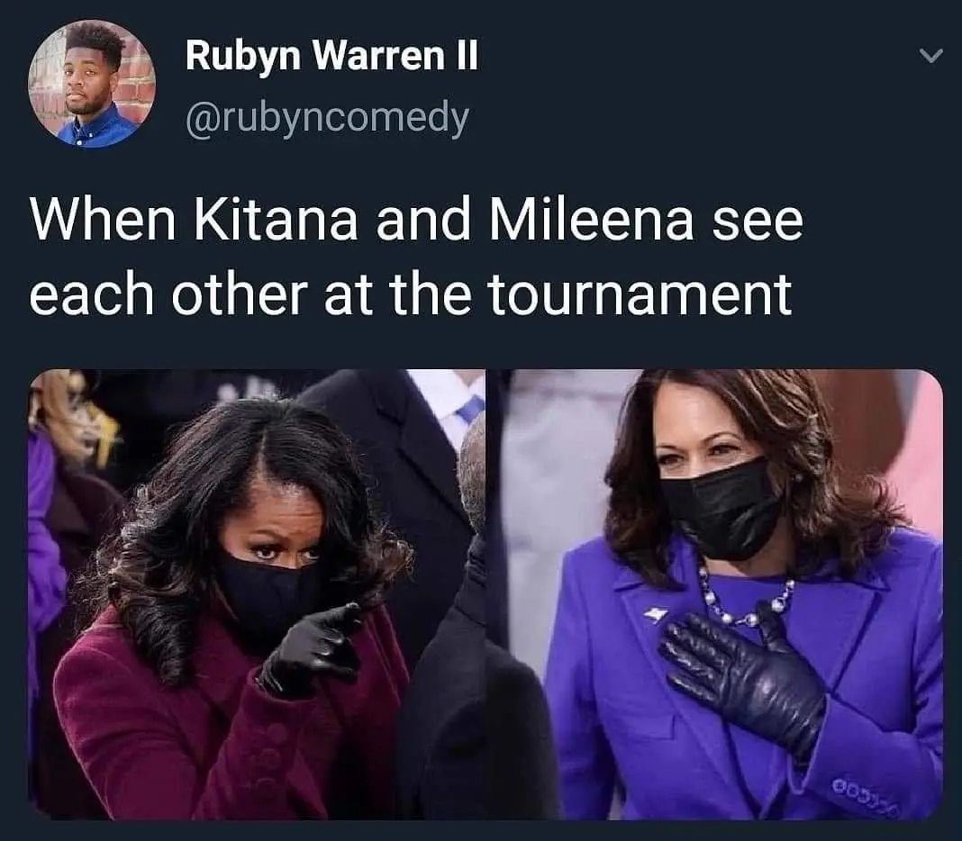 The image is a split-screen meme showing two women in formal attire and black face masks. On the left, a woman in a maroon…