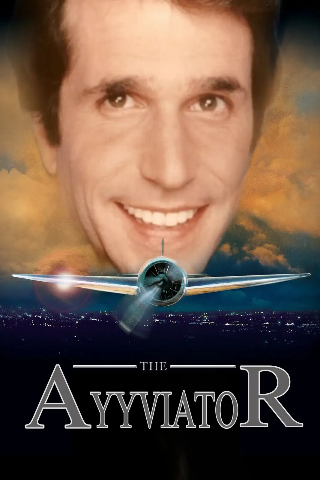 The image is a movie poster parody featuring a smiling man's face above a vintage airplane flying over a city at night. The…