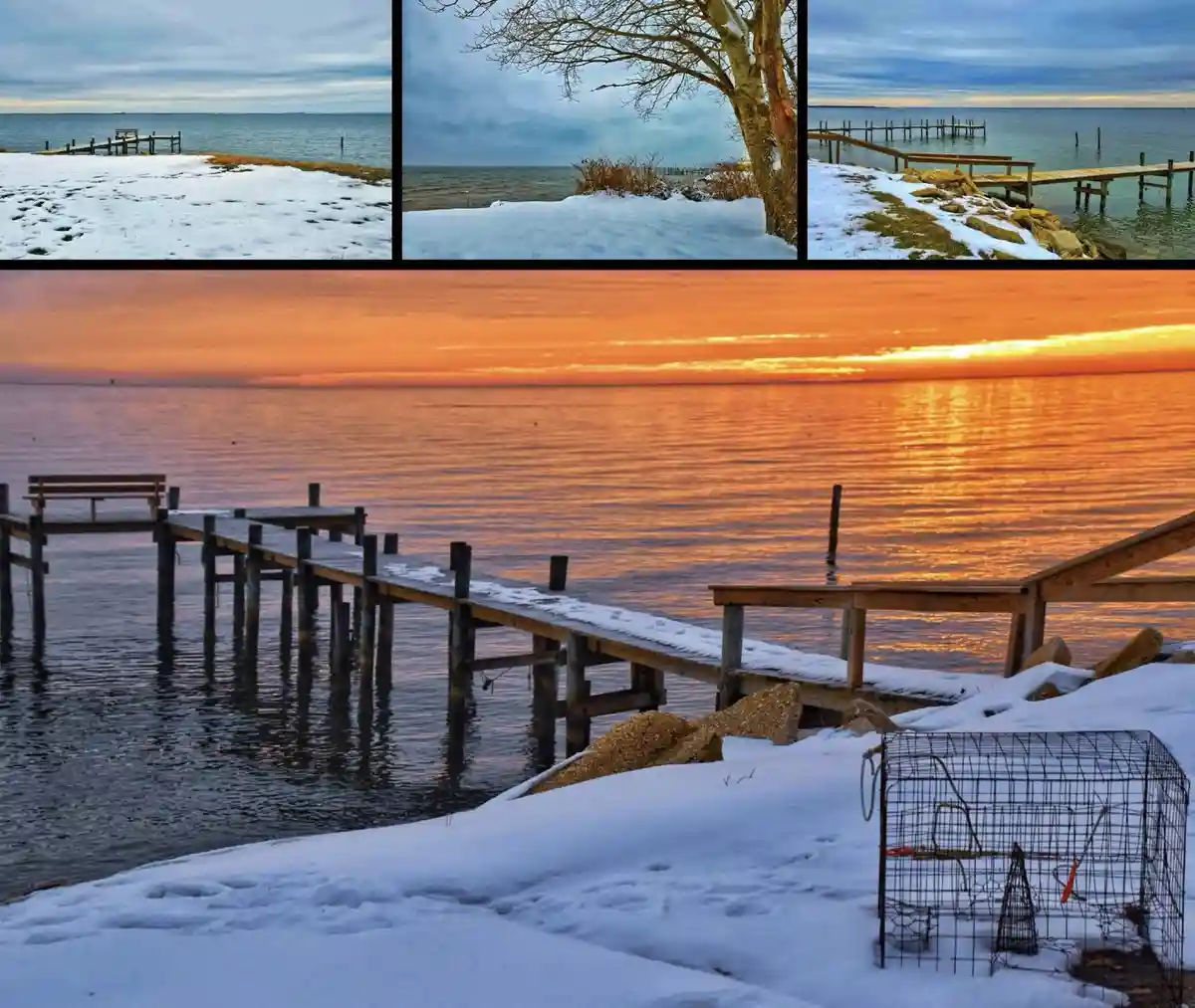 A collage of four winter lake scenes, three small panels show snowy docks and a bare tree under gray skies, while the large…