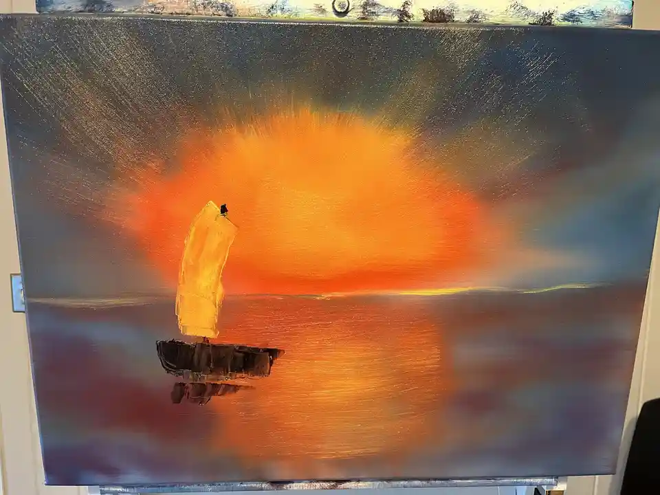 A painting of a sailboat on water under a sunset sky, with the sail painted to resemble a banana. The overlaid text reads 'i…