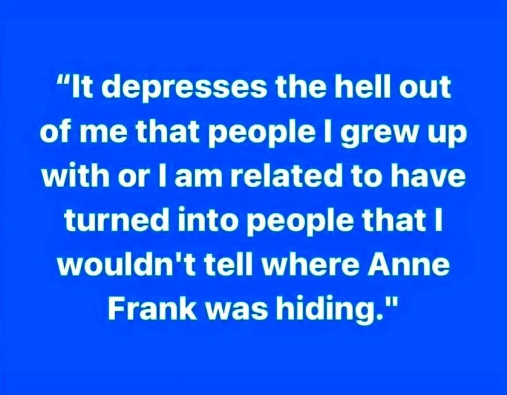 A solid blue background displays white text quoting, 'It depresses the hell out of me that people I grew up with or I am…