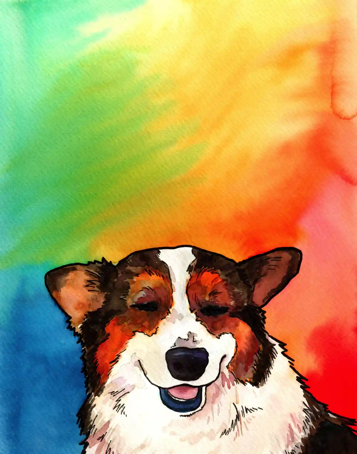 A watercolor painting of a happy-looking dog with brown, black, and white fur, eyes closed, and mouth open in a smile, set…