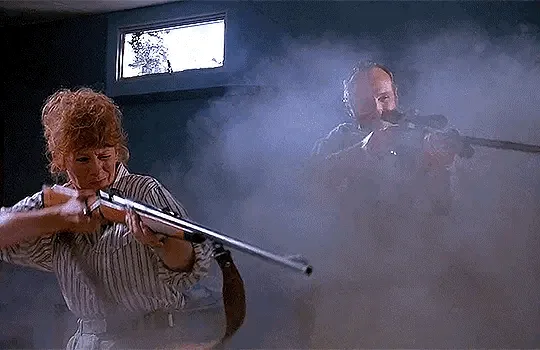 A six-panel image sequence from a movie showing a woman with red hair in a striped shirt aiming a rifle, while a man in a…