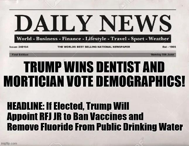 A fake newspaper front page titled 'DAILY NEWS' with a headline declaring 'TRUMP WINS DENTIST AND MORTICIAN VOTE…