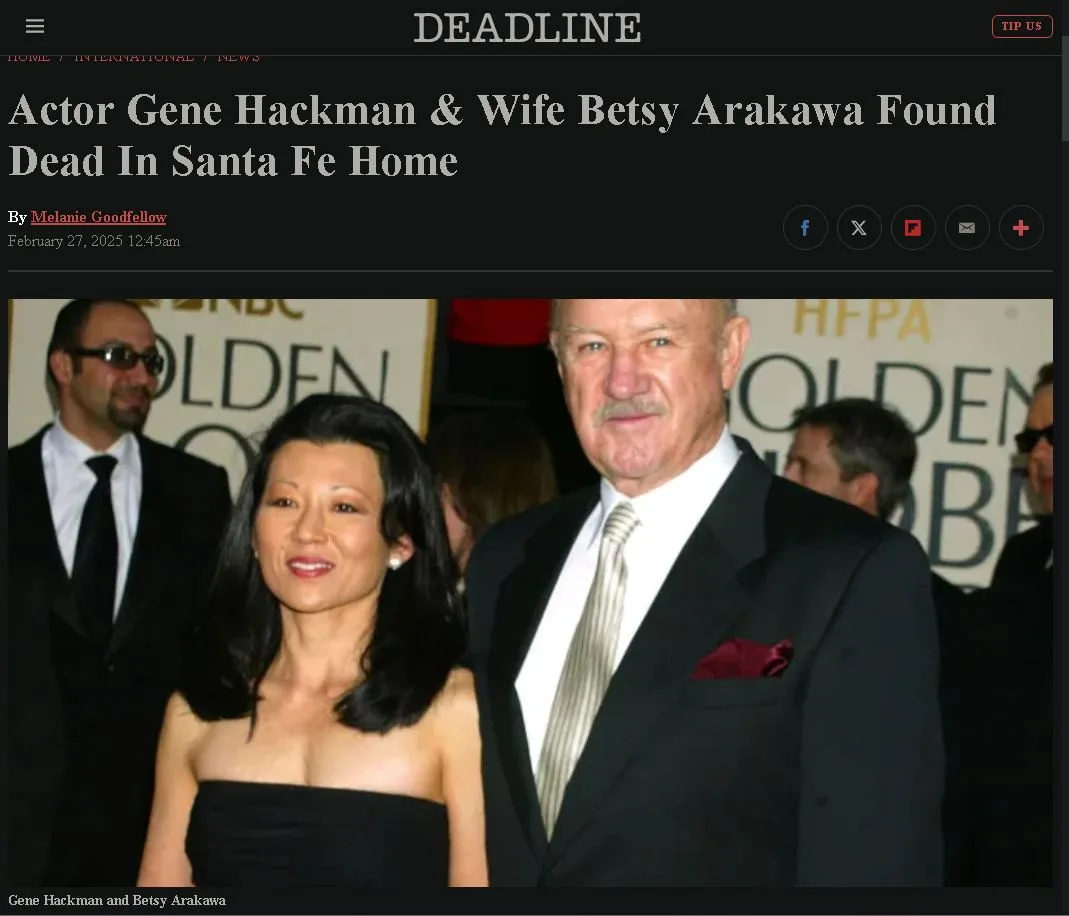 A screenshot of a Deadline news article header showing a photo of actor Gene Hackman and his wife Betsy Arakawa at a Golden…