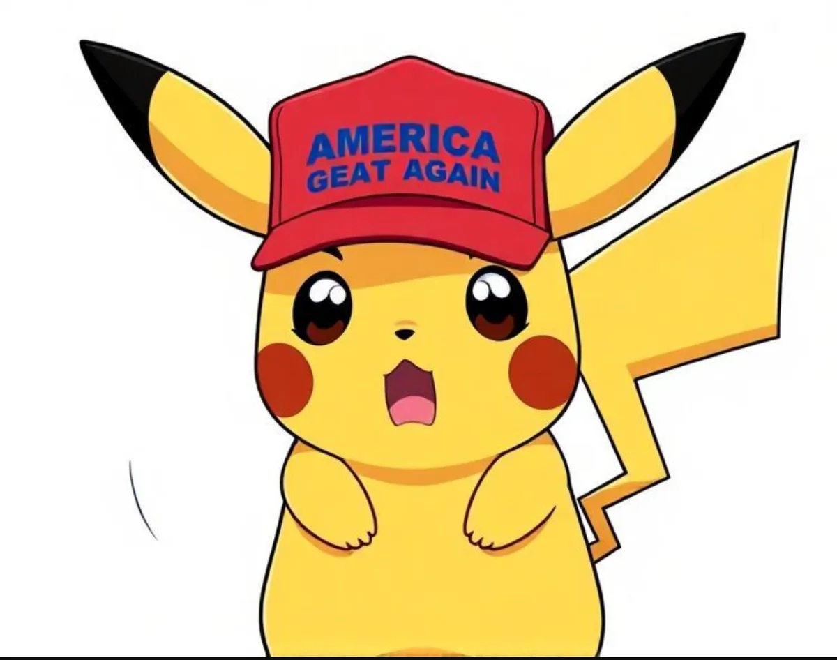 A cartoon Pikachu with a surprised expression wears a red baseball cap with the text 'AMERICA GEAT AGAIN' in blue letters…