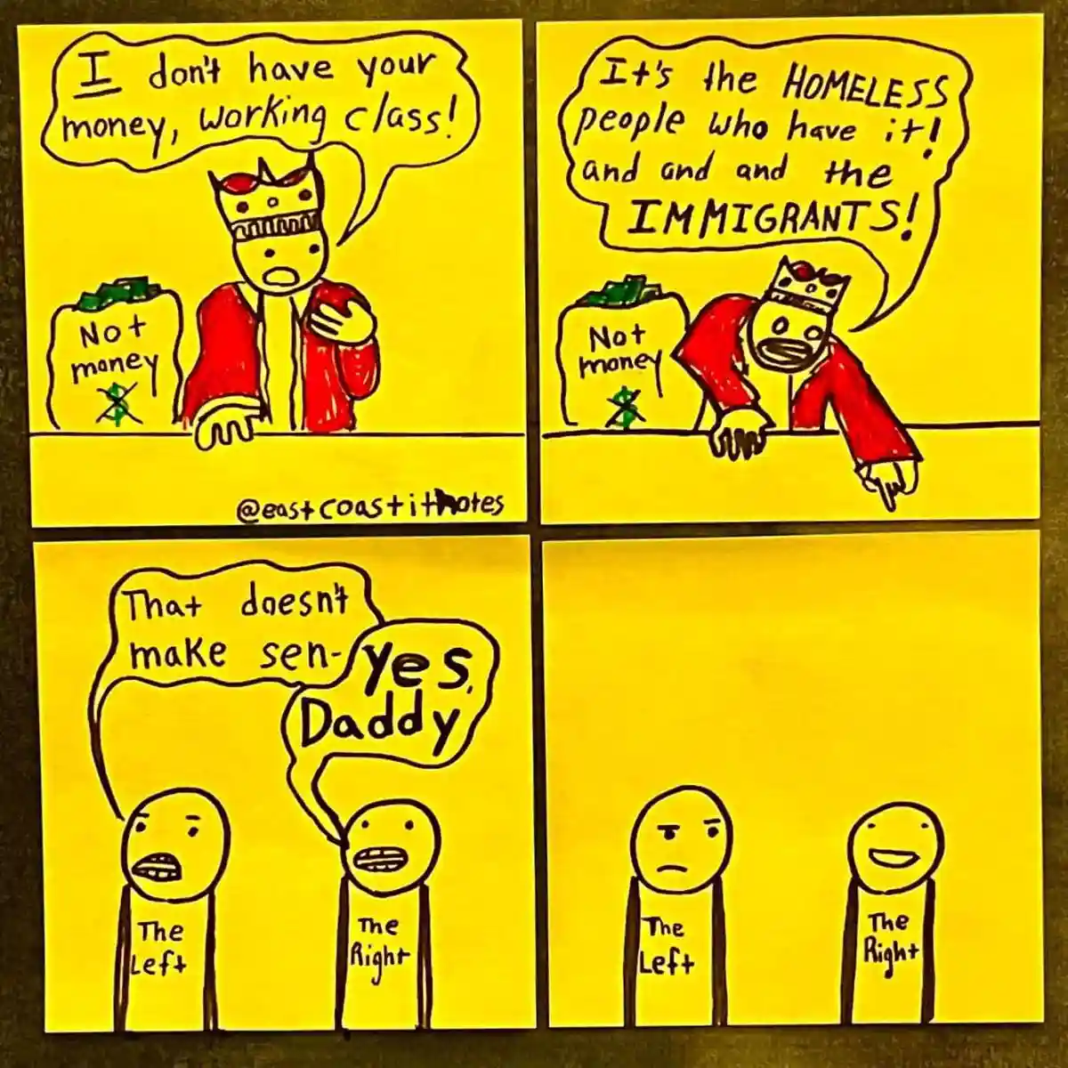 A four-panel comic strip with a yellow background. In the first panel, a crowned figure says, 'I don't have your money…