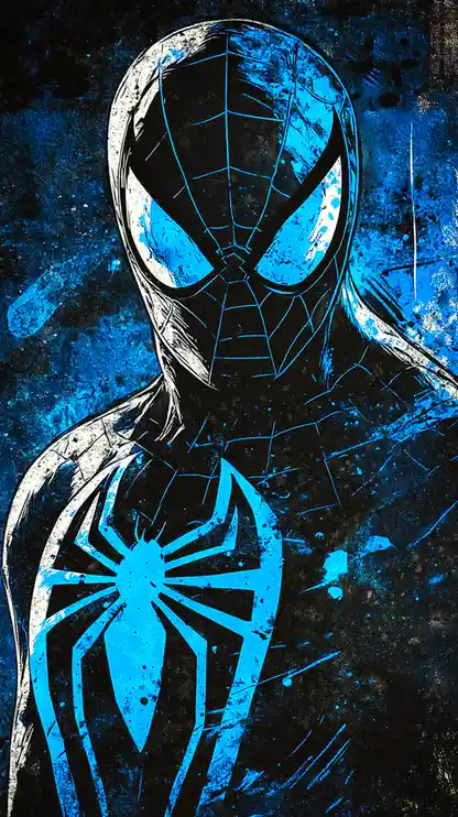 A stylized illustration of Spider-Man in a dark blue and black suit with a prominent blue spider emblem on the chest, set…