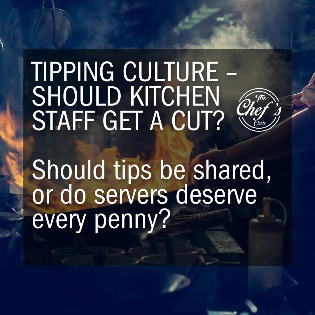 A dark, smoky kitchen scene with flames and cooking utensils, overlaid with white text asking about tipping culture and…