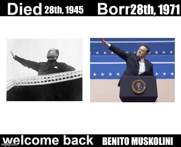 The image displays two side-by-side photos: on the left, a black-and-white photo of Benito Mussolini gesturing from a…