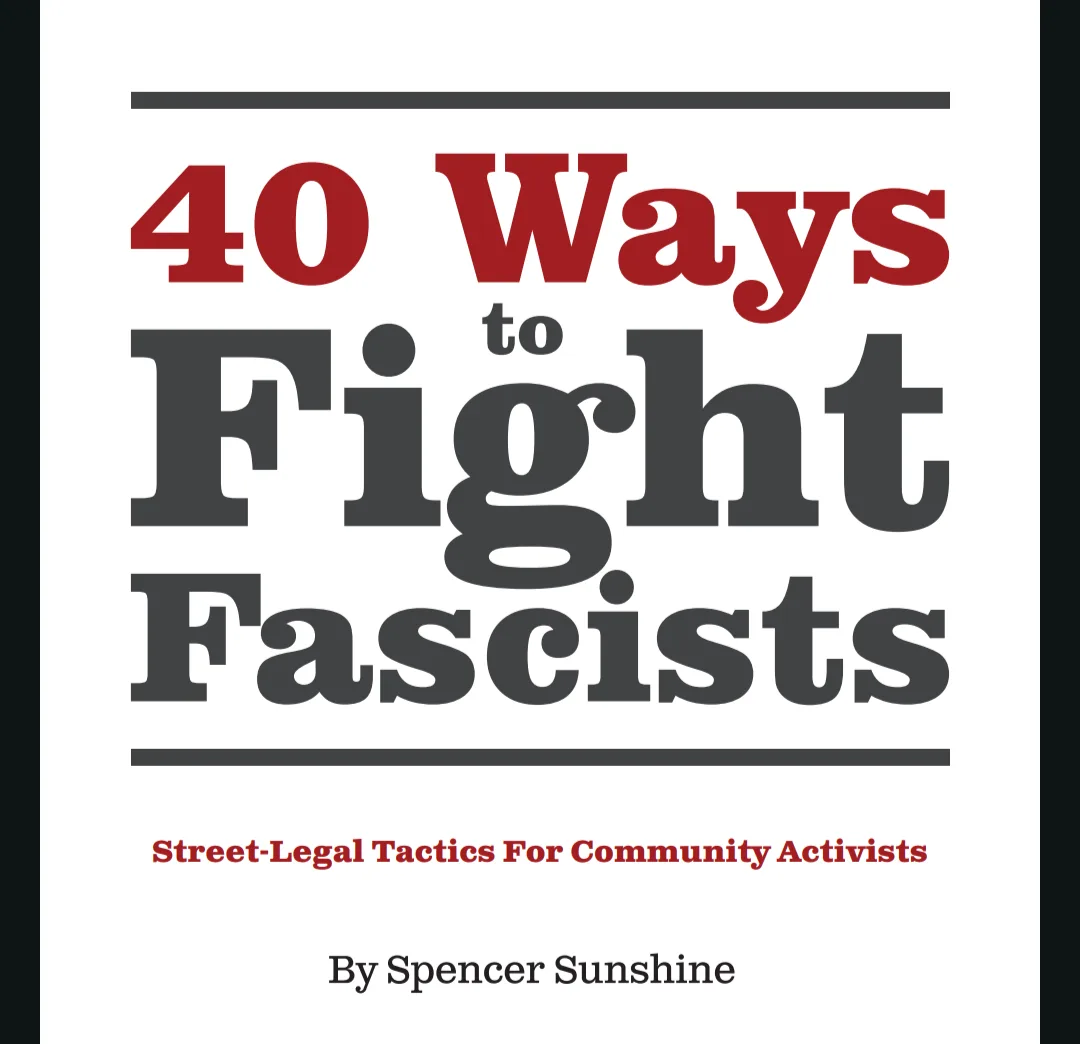 The image displays a book cover design with the title '40 Ways to Fight Fascists' in large red and gray text, framed by…
