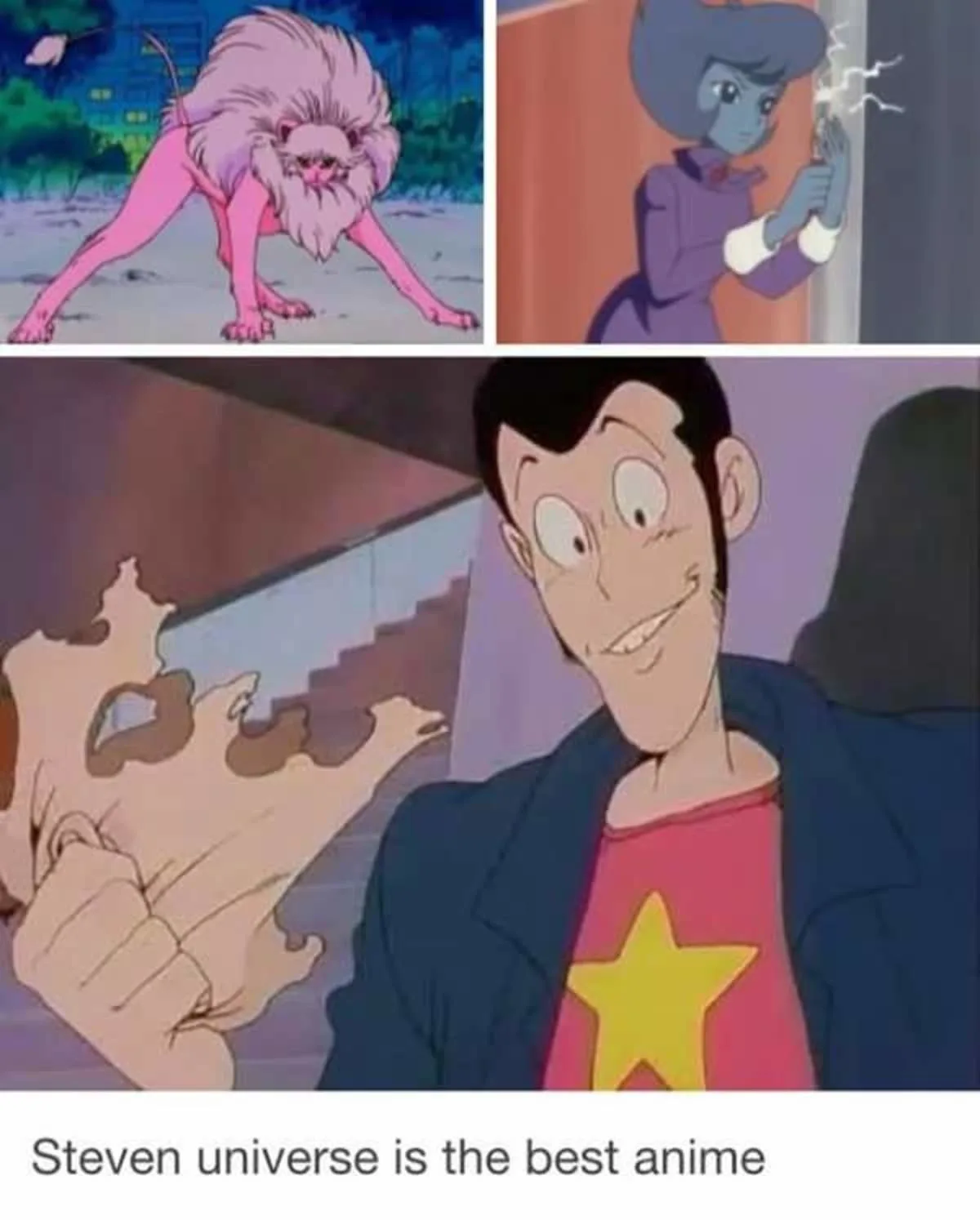 The image is a three-panel anime collage: top left shows a pink lion-like creature, top right shows a blue-skinned woman…