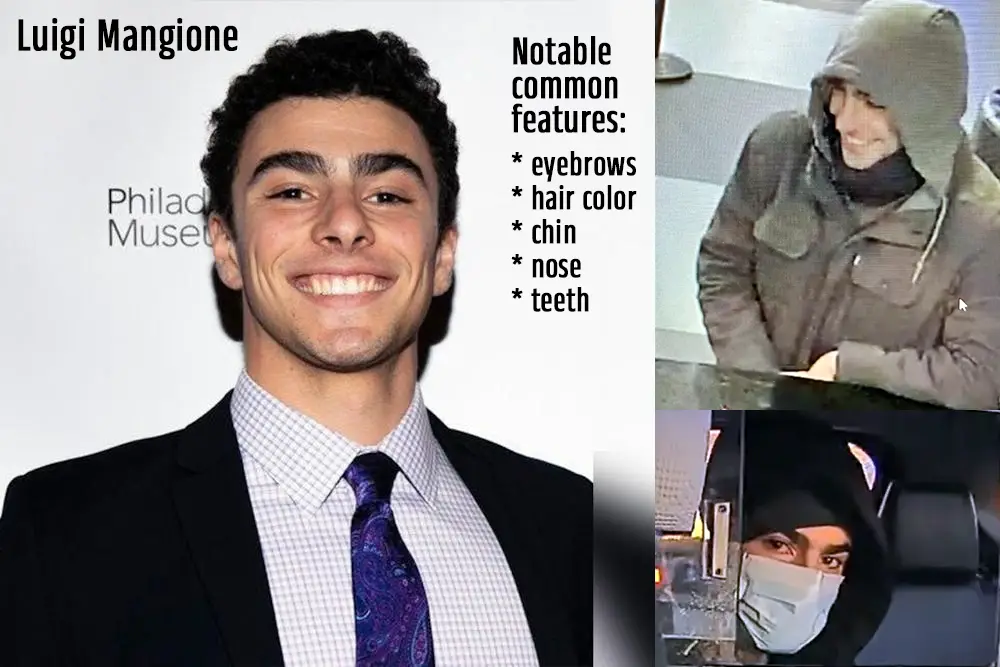 The image displays a split-screen: on the left, a smiling man in a suit and tie labeled 'Luigi Mangione' with 'Philadelphia…