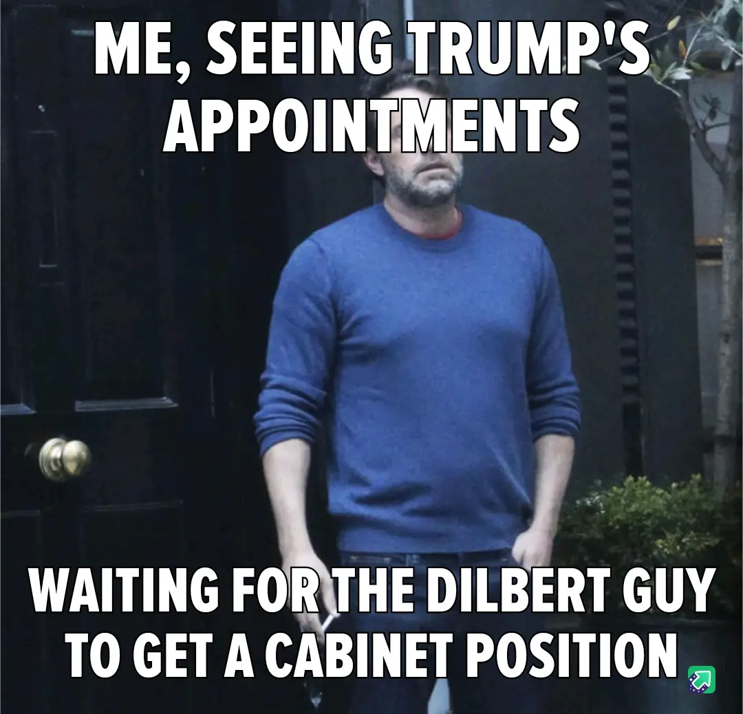 A man in a blue sweater stands outside a dark door with a bored or resigned expression. The text overlaid on the image reads…