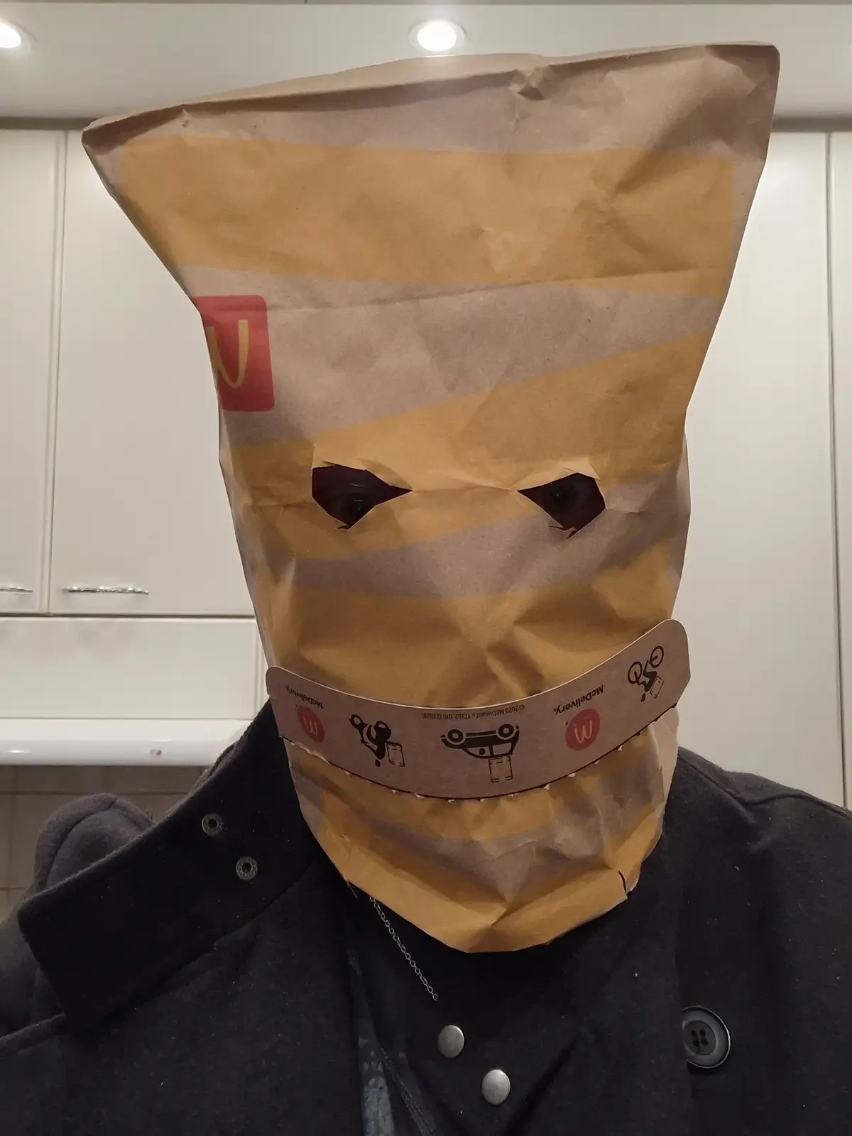 A person wears a McDonald's delivery bag over their head, with eye holes cut out to reveal their eyes, and the bag's neck…