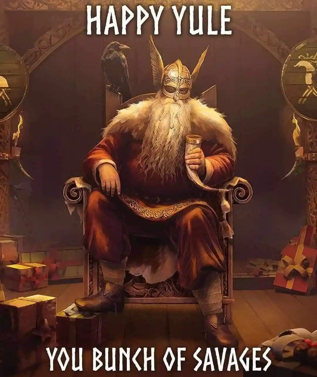A Viking-style figure with a long white beard, horned helmet, and fur-trimmed robe sits on a throne holding a horned…