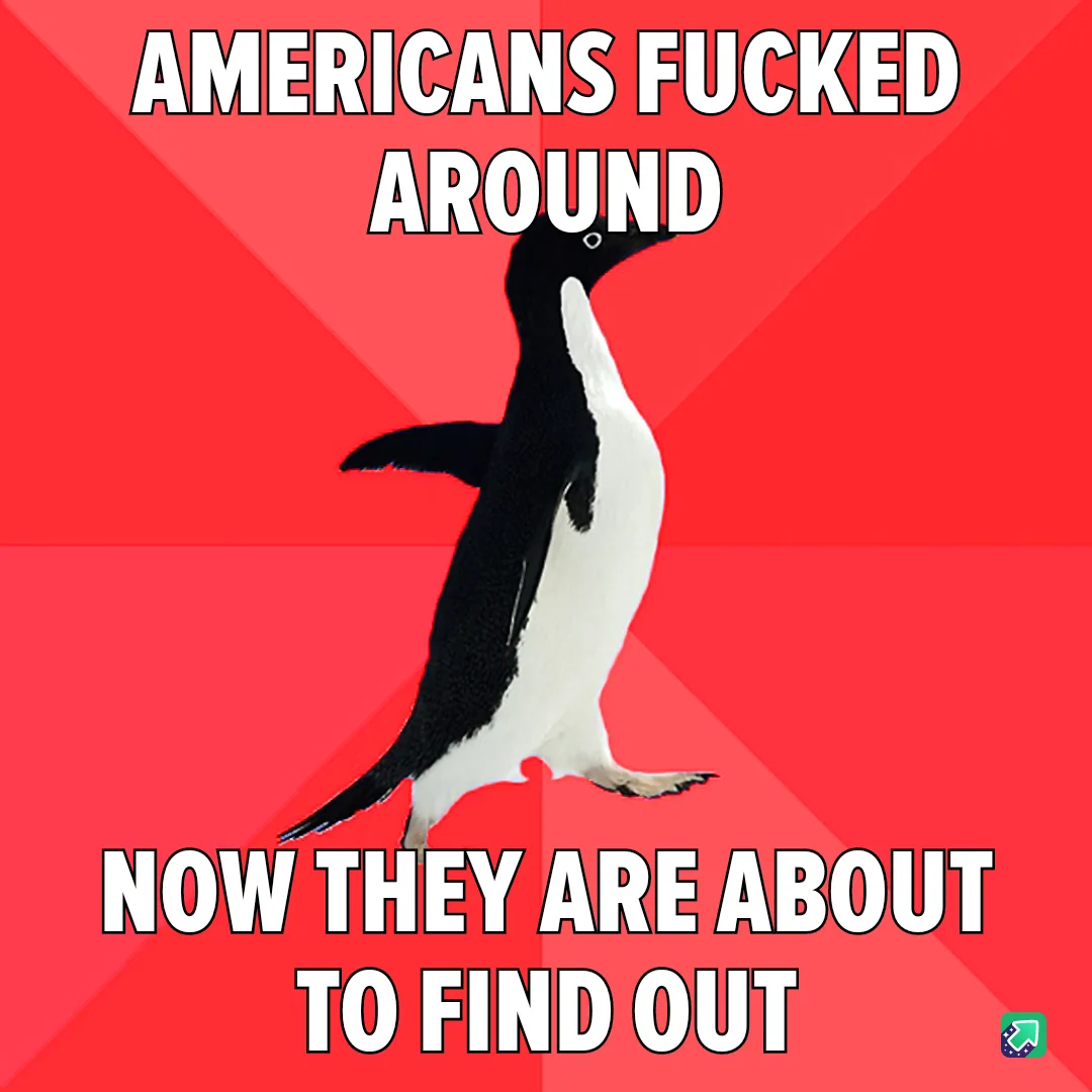 A black-and-white penguin stands upright against a red background with diagonal stripes. White bold text at the top reads…