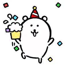 Six identical cartoon images of a white, round, bear-like character wearing a red-and-white party hat and holding a frothy…
