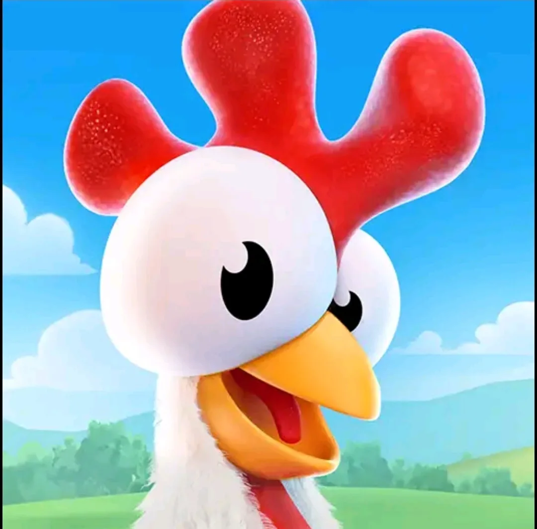 A cartoon rooster with a large red comb and wide eyes is shown with its beak open, set against a bright blue sky with clouds…
