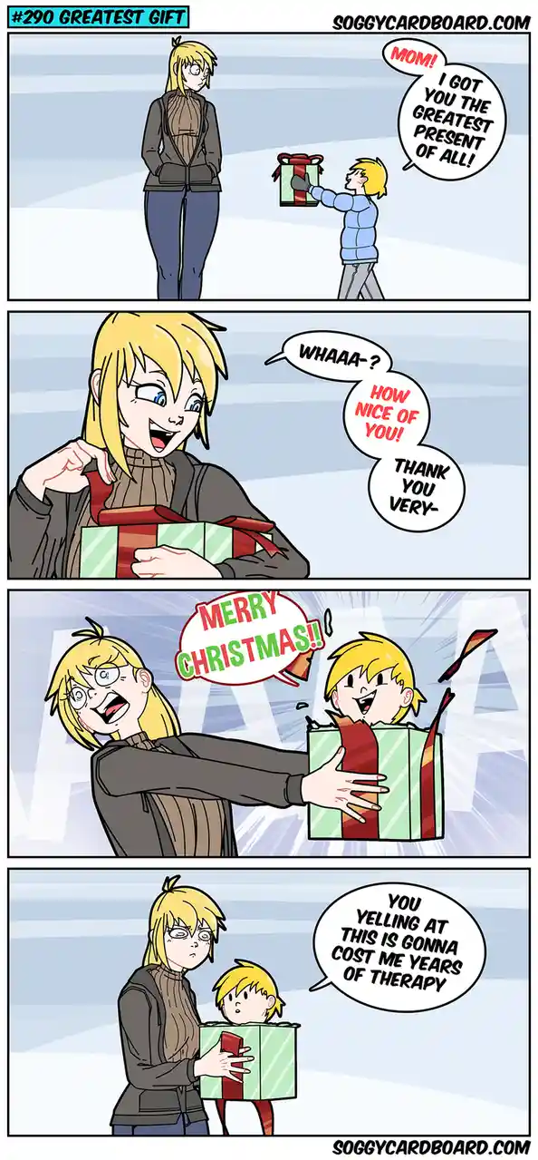 A four-panel comic shows a child presenting a wrapped gift to their mom, who reacts with surprise and then joyfully shouts…