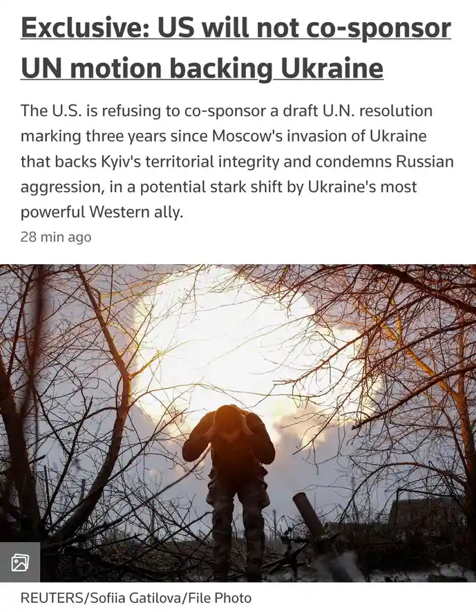 A news article headline reads 'Exclusive: US will not co-sponsor UN motion backing Ukraine,' followed by a paragraph…