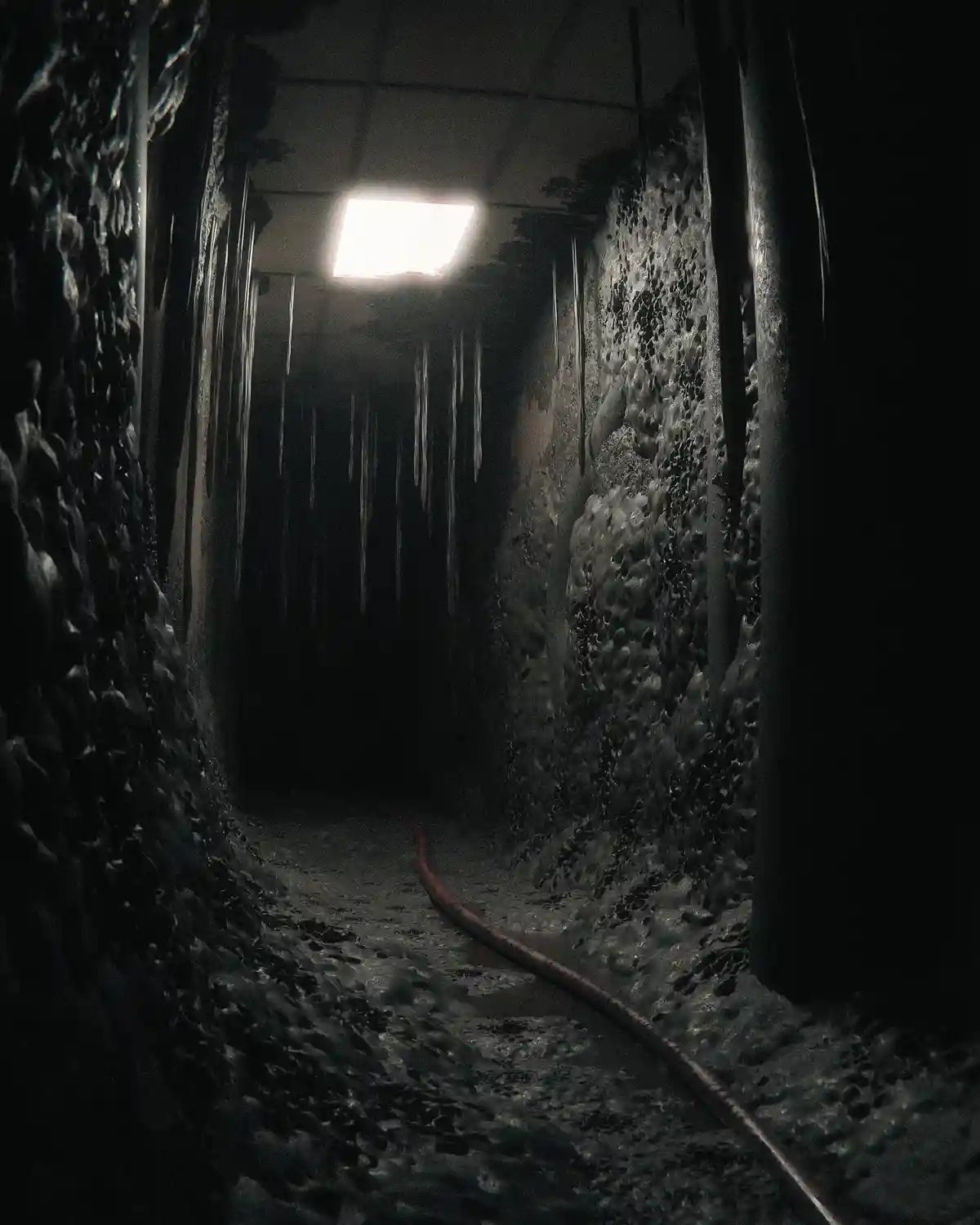 A dark, narrow corridor with textured, icy walls and icicles hanging from the ceiling, illuminated by a single overhead…