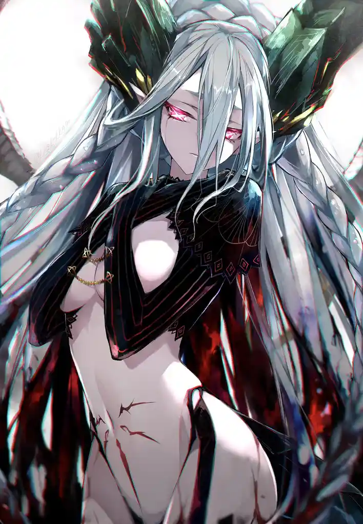 An anime-style illustration of a female character with long silver hair, red eyes, and large dark wings, wearing a revealing…