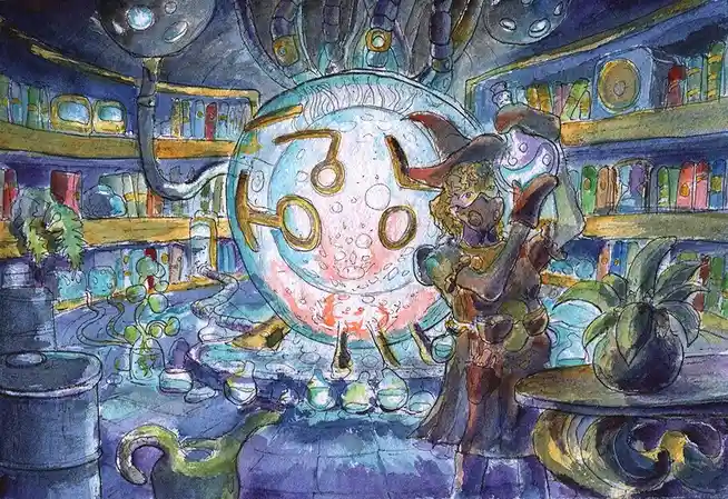 A watercolor illustration depicts a person in a witch-like hat and robe standing in a cluttered, fantastical laboratory…