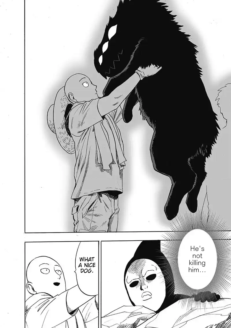 A manga panel shows a bald man holding a giant, menacing black dog by the neck. In a smaller panel, he says 'WHAT A NICE…
