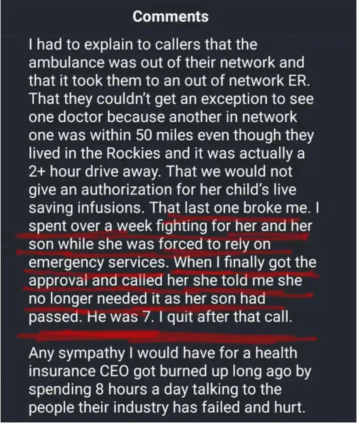 A screenshot of a dark-themed comments section shows a long text post detailing a health insurance representative's…